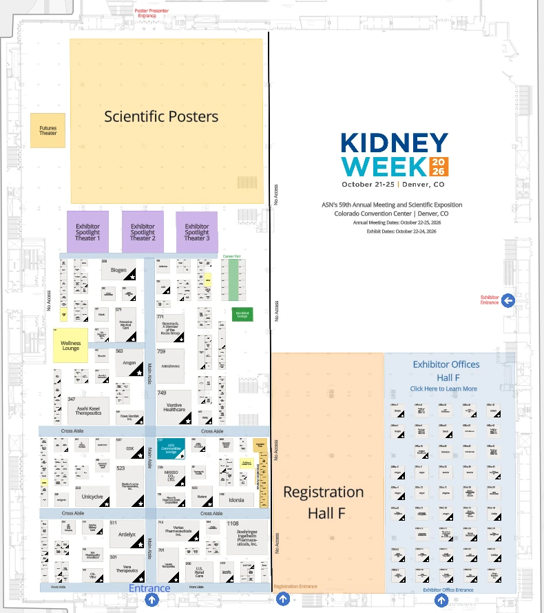 ASN Kidney Week 2026 exhibit hall map at the Colorado Convention Center, with Exorenal booth 1059 marked