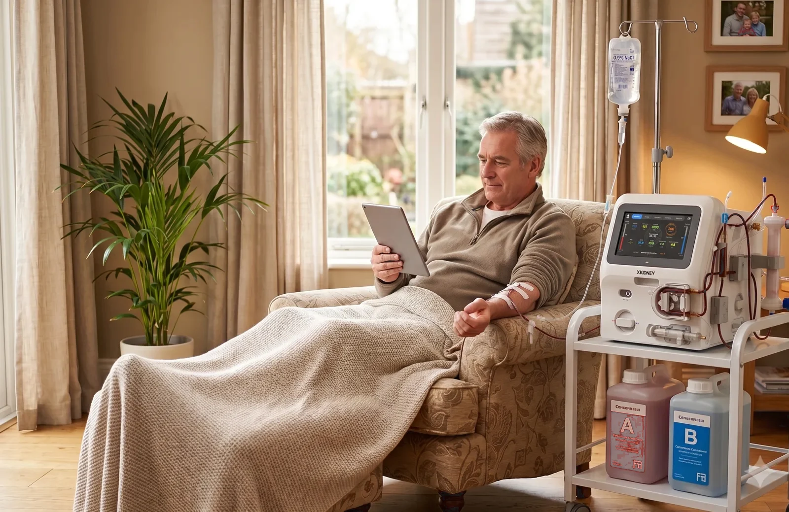 A patient on XKIDNEY in his living room armchair