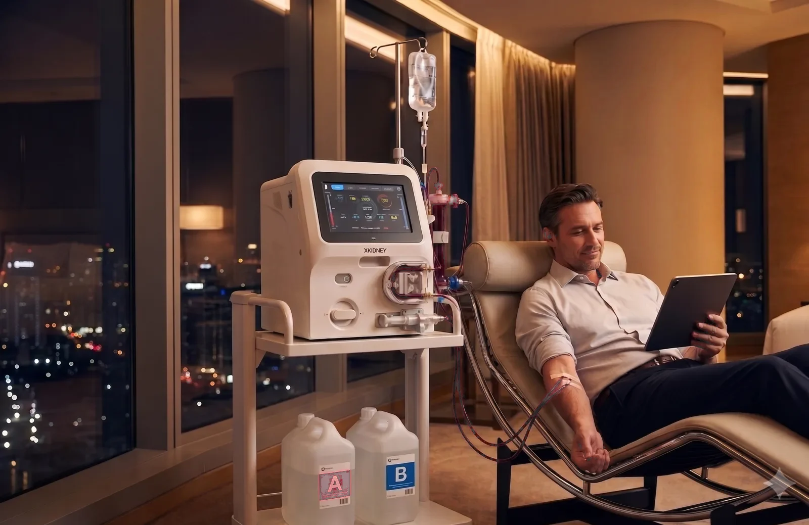 A patient on XKIDNEY in a hotel room at night